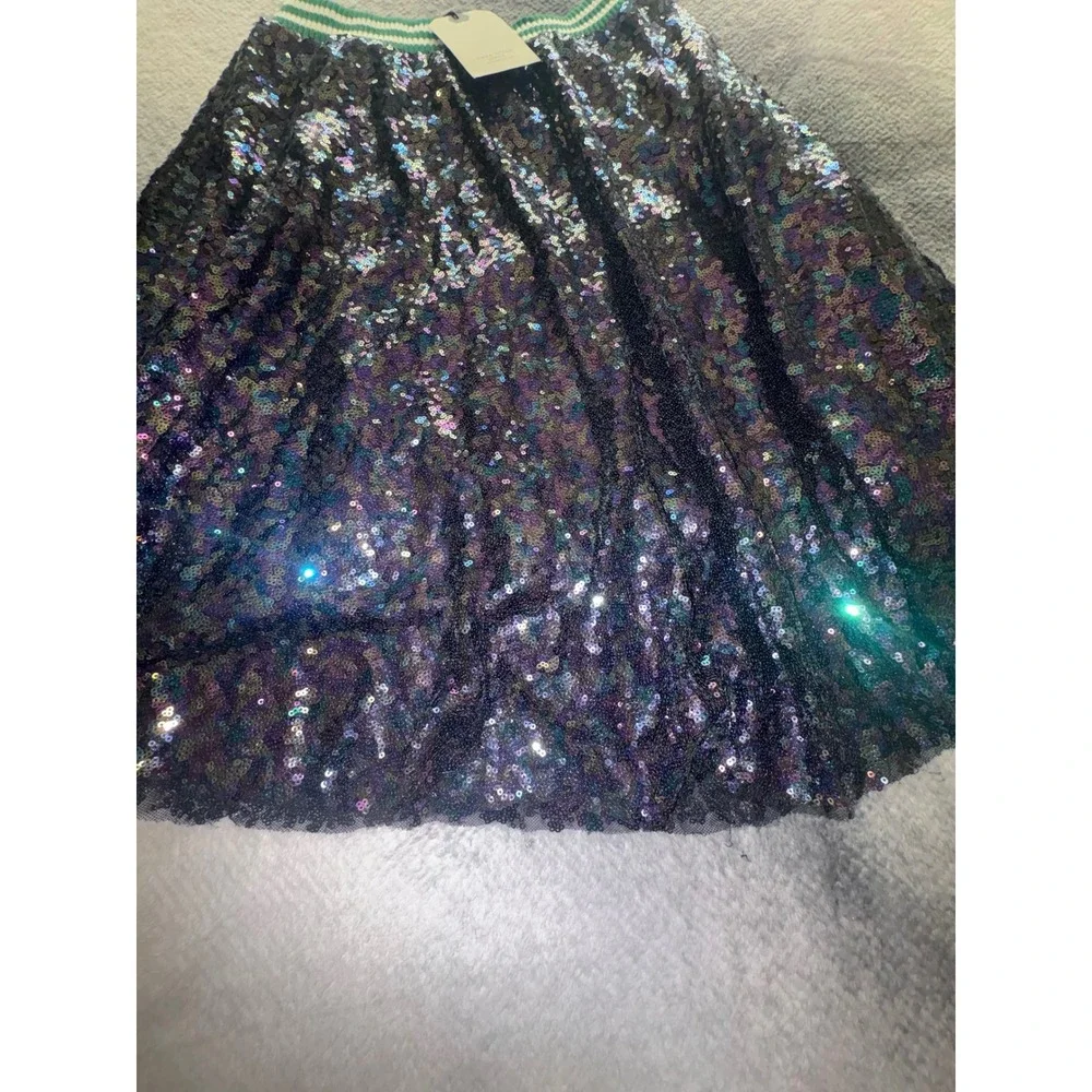 (CL) Zara Girls Sequin Skirt Iridescent Green Striped Waistband‎ Size 13-14 NWT